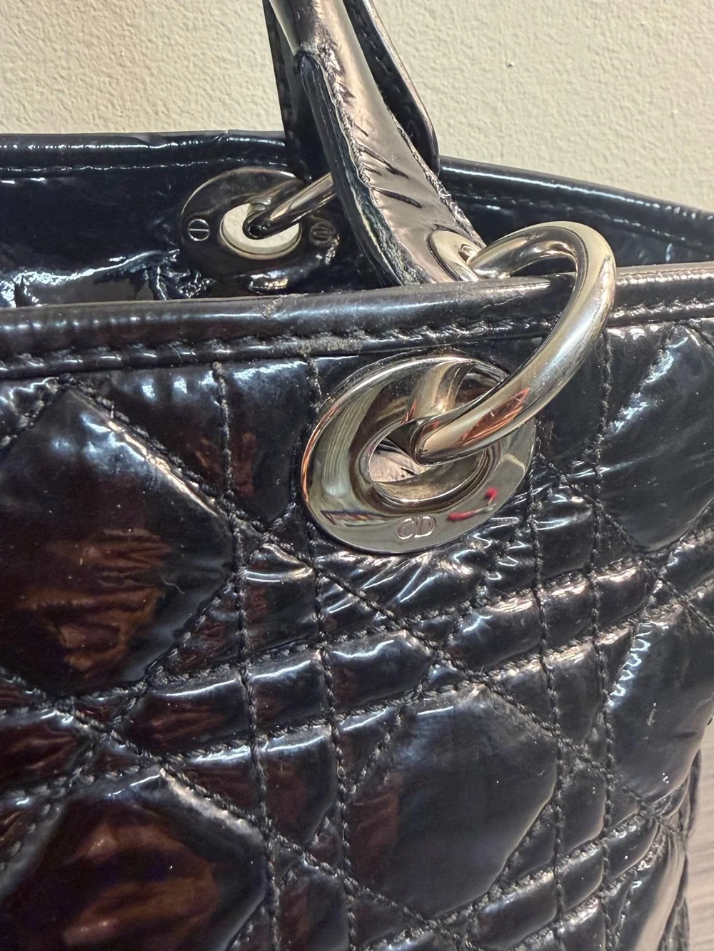 CHRISTIAN DIOR Black Cannage Quilted Patent Leather Small Dior Soft Tote Bag Ove